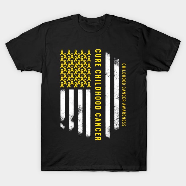 Cure Childhood Cancer Gold Ribbon USA American Flag T-Shirt by eraillustrationart